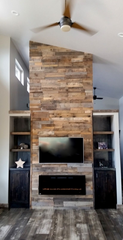 Rustic Reclaimed Wood Fireplace with Built-in Shelves