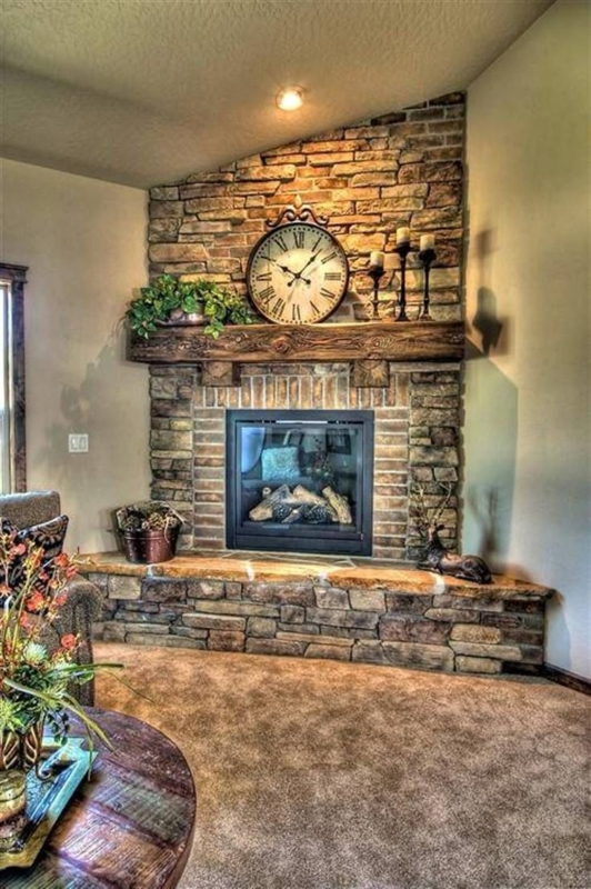 Rustic Stone and Brick Corner Fireplace Design