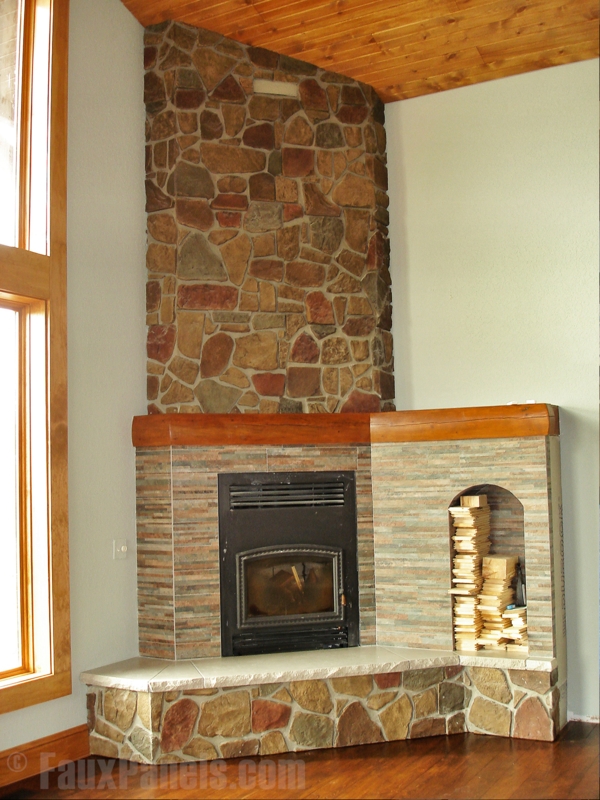 Rustic Stone Corner Fireplace with Wood Storage
