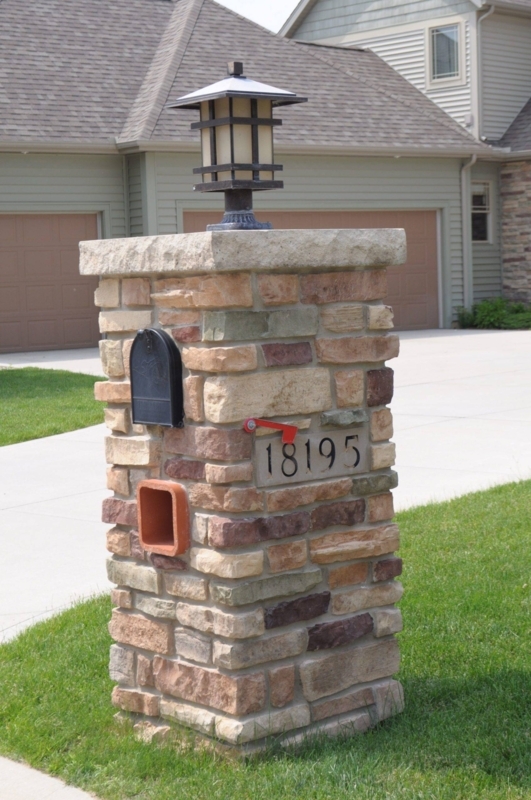 Rustic Stone Mailbox with Lantern and House Number