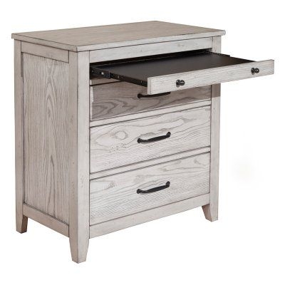 Rustic White Nightstand with Pull-Out Tray and Drawers
