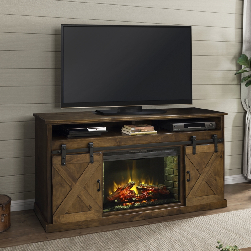 Rustic Wooden Fireplace TV Stand with Sliding Doors