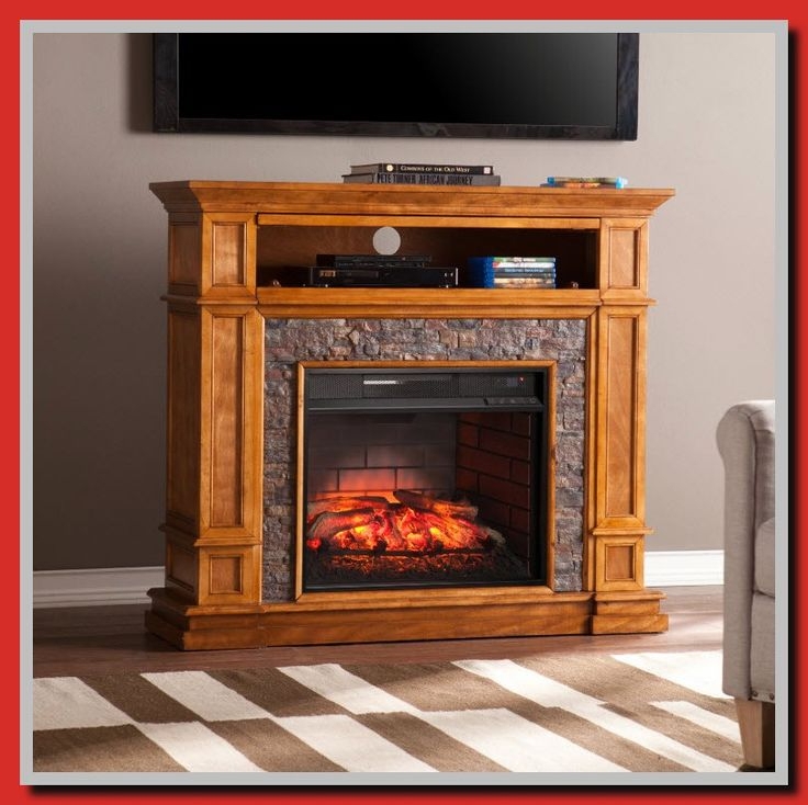 Rustic Wooden Fireplace TV Stand with Stone Accents