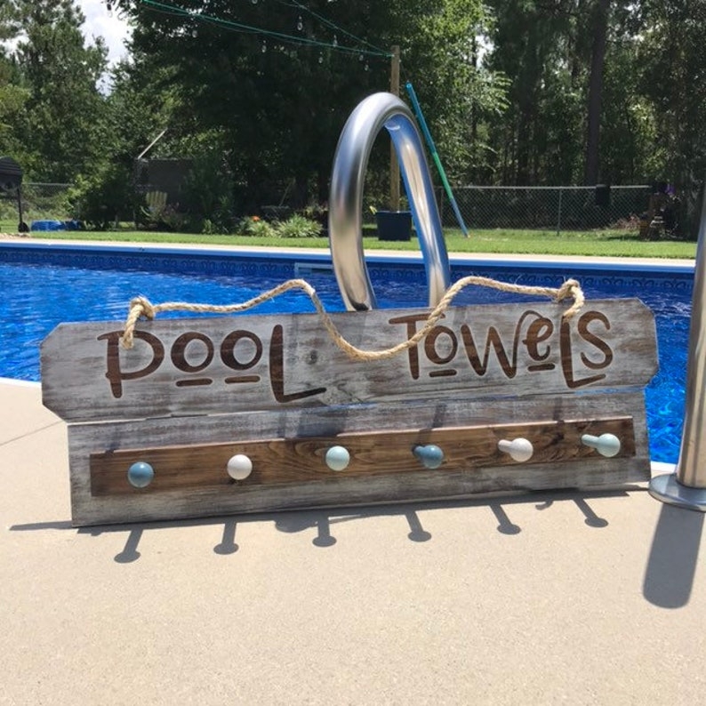 Rustic Wooden Pool Towel Rack with Hooks