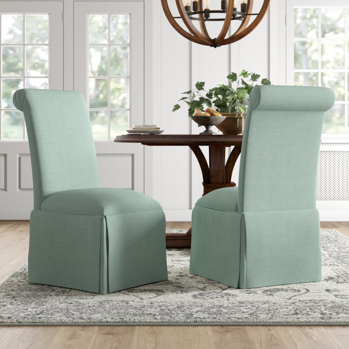 Skirted Upholstered Dining Chairs in Soft Blue