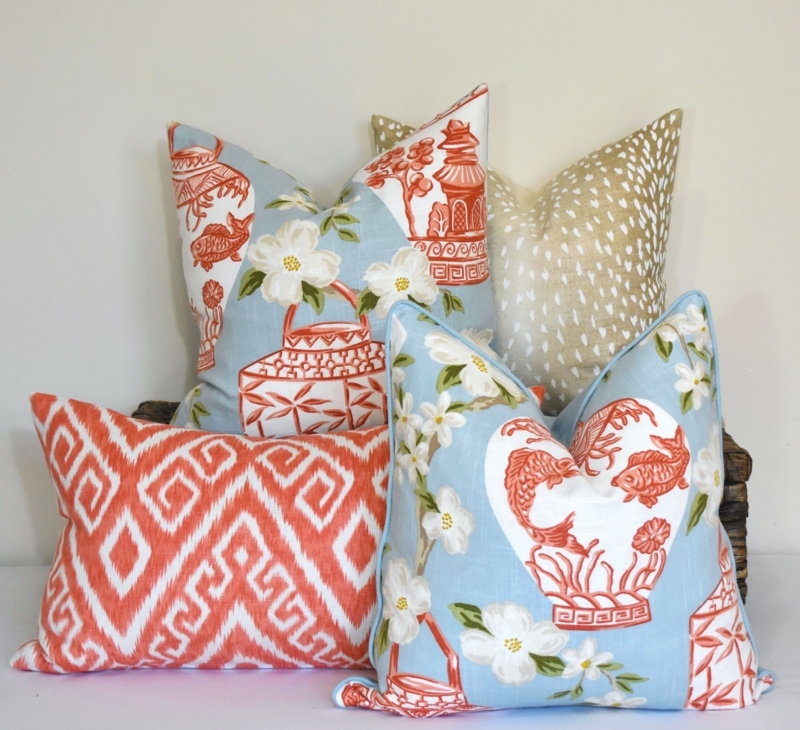 Sky Blue and Coral Chinoiserie Decorative Pillows