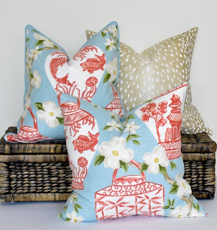 Sky Blue Coral Chinoiserie Asian Toile Pillow Covers