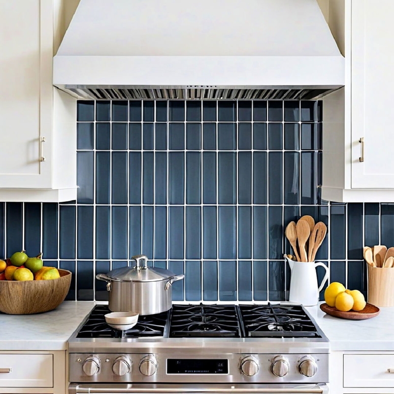 Sleek Vertical Dark Blue Kitchen Backsplash Design