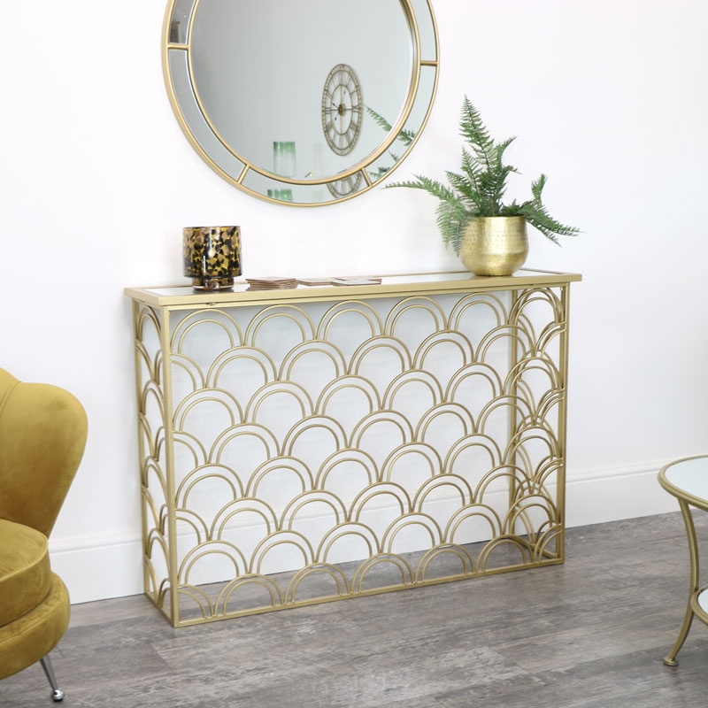 Slim Gold Mirrored Art Deco Console Table Design