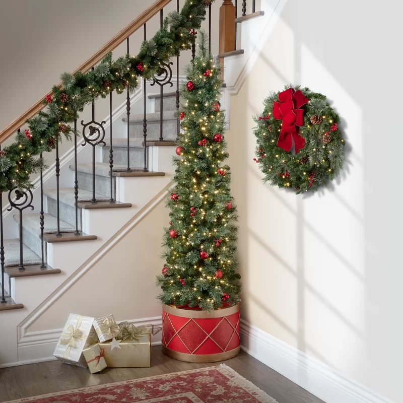 Slim Half Christmas Tree with Garland and Wreath Decor