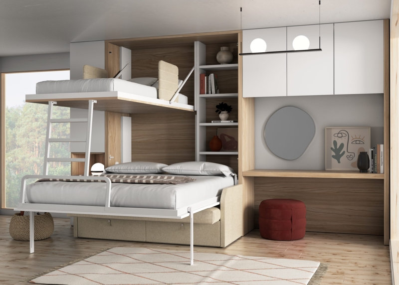 Space-Saving Fold-Away Bunk Bed with Sofa and Desk