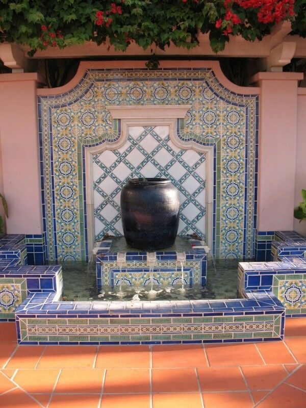 Spanish Style Courtyard Fountain with Decorative Tiles