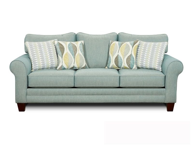 Stylish Aqua Sofa with Patterned Accent Pillows