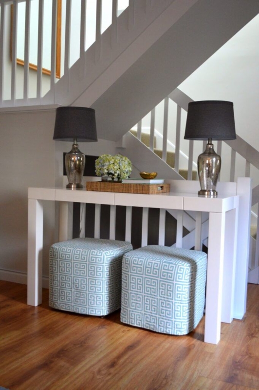 Stylish Foyer Console Table with Patterned Ottomans