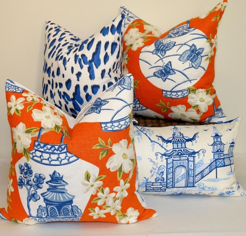 Tangerine Chinoiserie Pillows with Blue and White Accents