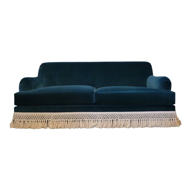 Teal Velvet Sofa with Decorative Fringe Trim