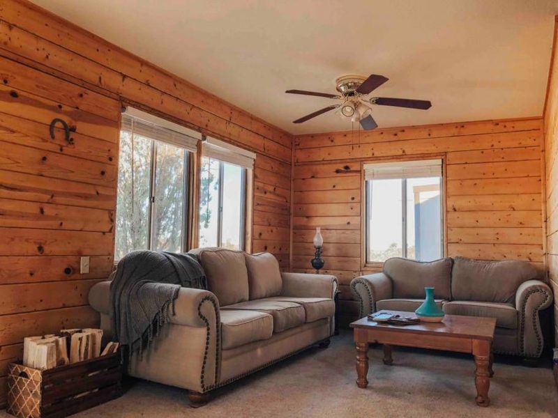 The living room features two comfy couches, knotty pine walls, our ...