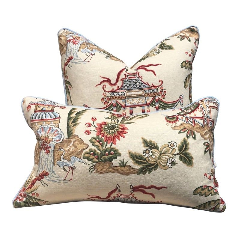 Thibaut Tea House Chinoiserie Pillows with Blue Piping
