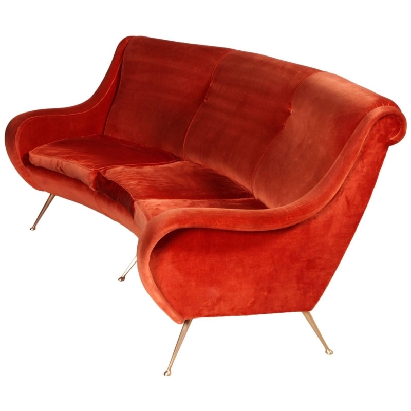 Three-Seat Curved Sofa Marco Zanuso design, Brass Legs Original Red ...