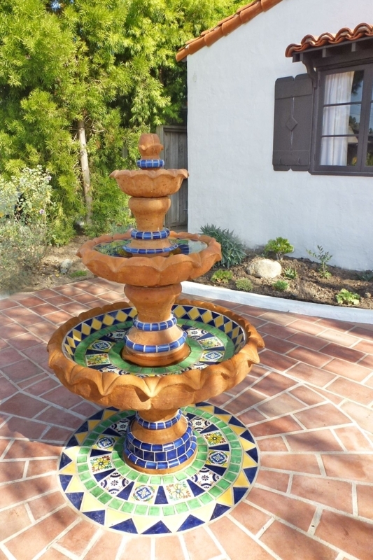 Traditional Mexican Tile Fountain on Terra Cotta Patio
