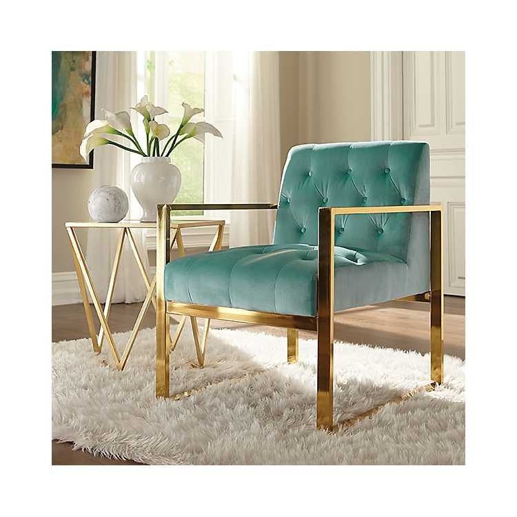 Turquoise Velvet Tufted Gold Frame Accent Chair | Living room turquoise ...