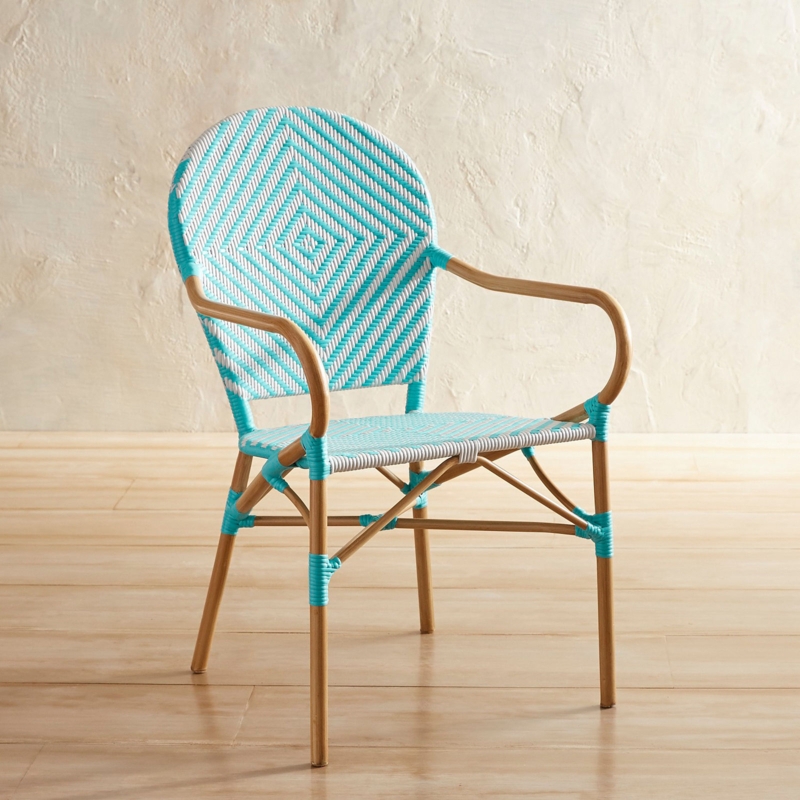 Turquoise Woven Rattan Chair with Natural Wood Frame