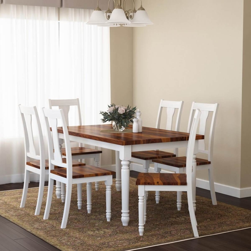 Two Tone Solid Wood Rustic Dining Table Set