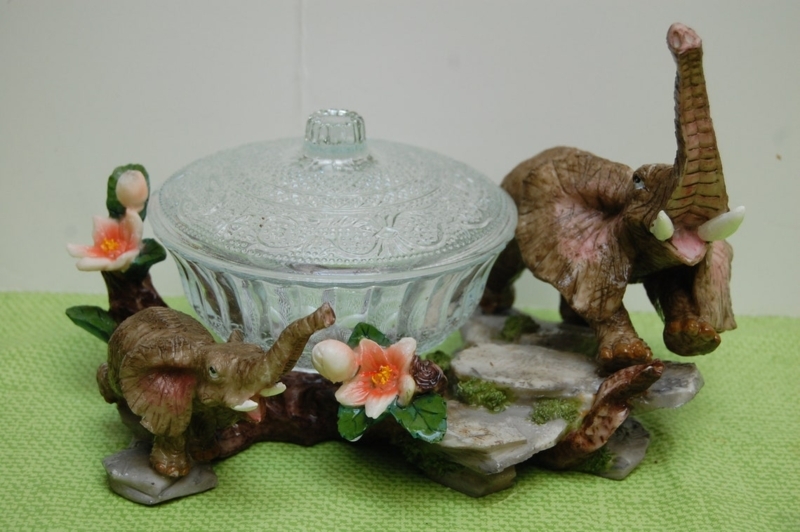 Unique Elephant Glass Candy Dish with Floral Accents