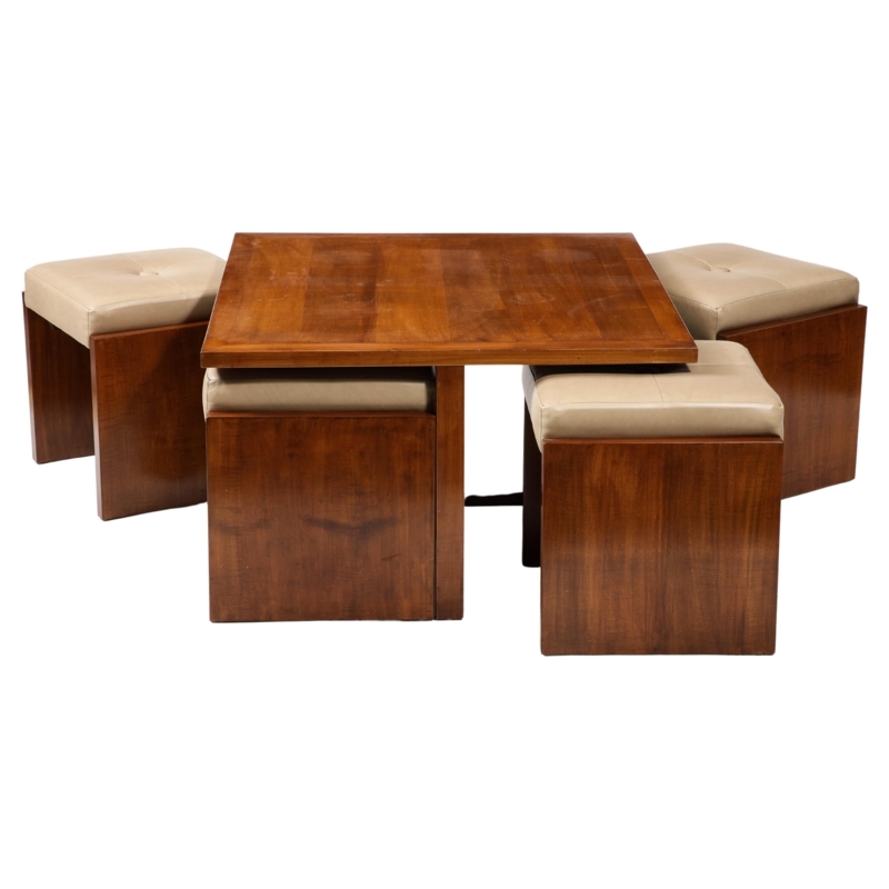 Vintage 1940s French Coffee Table with Nesting Stools