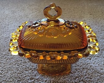 Vintage Amber Glass Candy Dish with Lid