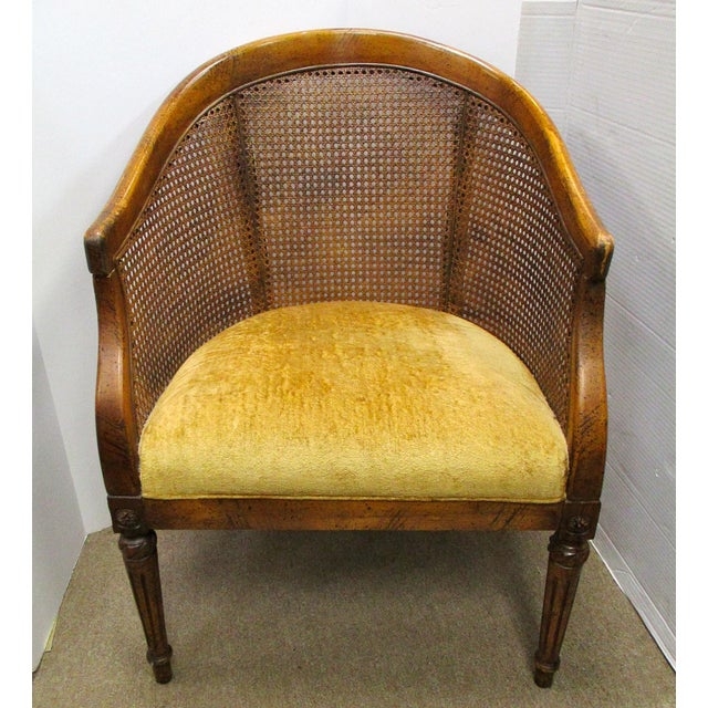 Vintage Barrel Chair with Cane Back and Velvet Seat