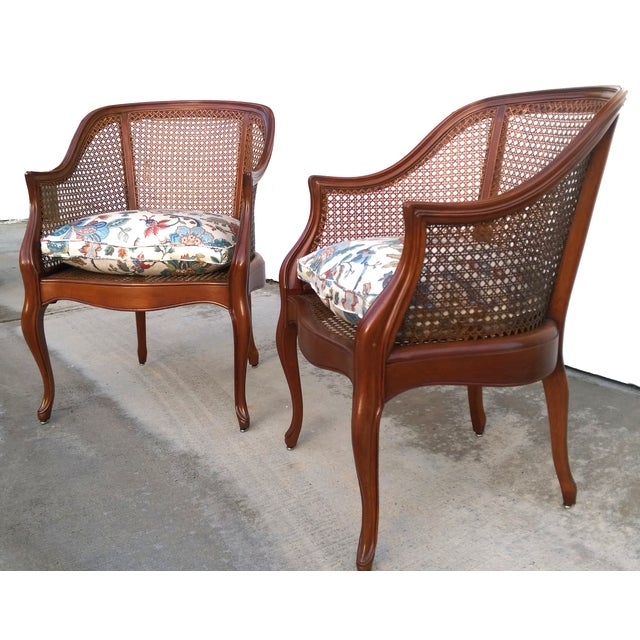 Vintage French Cane Barrel Chairs with Floral Cushions