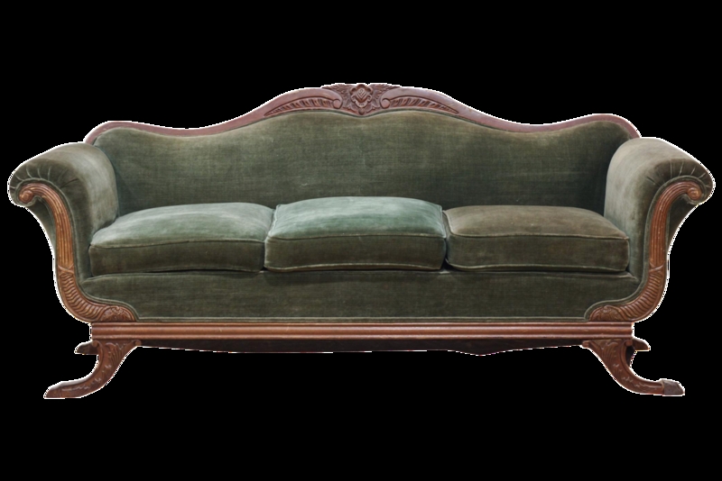 Vintage Green Velvet Sofa with Carved Wood Frame