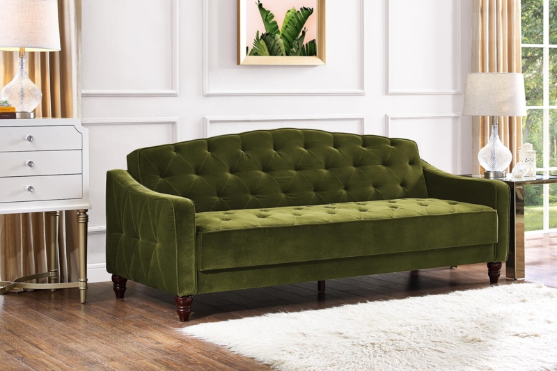 Vintage Green Velvet Tufted Sofa Sleeper