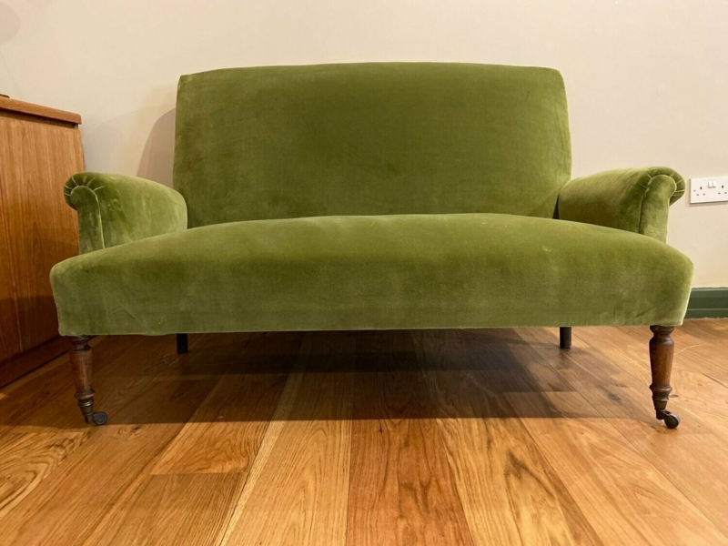Vintage Green Velvet Two-Seater Sofa with Wooden Legs