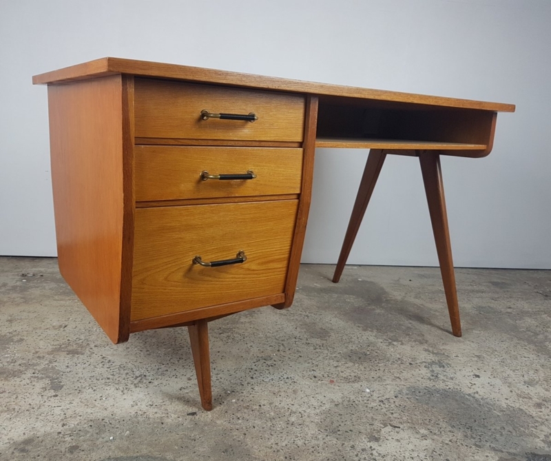 Vintage Light Oak Double-Sided Desk with Drawers