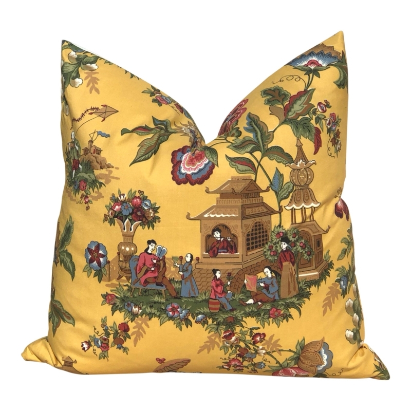 Vintage Mustard Yellow Thibaut Beijing Chinoiserie Pillow