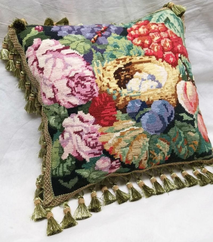 Vintage Needlepoint Floral Pillow with Tassels