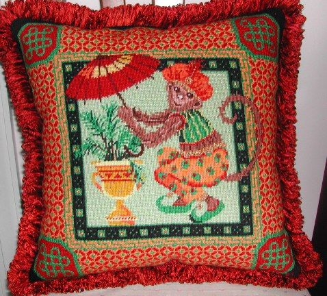 Vintage Needlepoint Monkey Pillow with Red Fringe