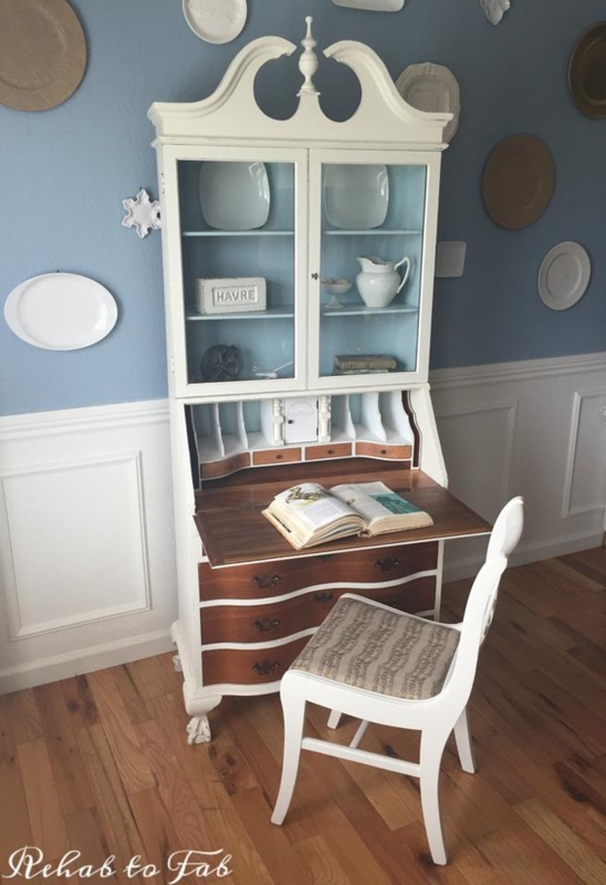 Vintage White Secretary Desk with Glass Shelves