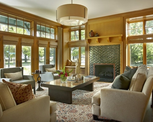 Warm Wood Living Room with Transom Windows