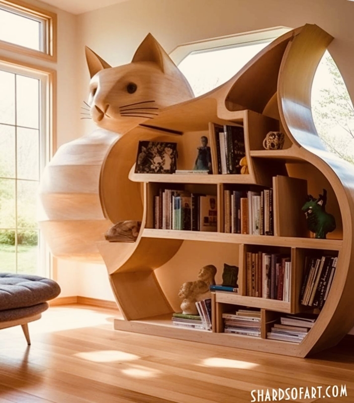 Whimsical Cat-Shaped Wooden Bookshelf Design
