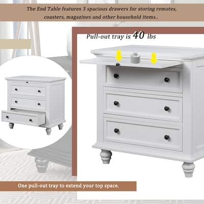 White 3-Drawer Storage Bedside Cabinet with Pull-Out Tray