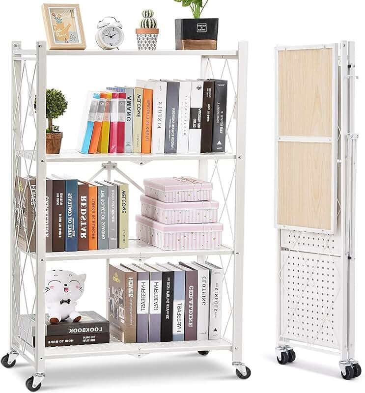 White Foldable Display Shelves with Wheels