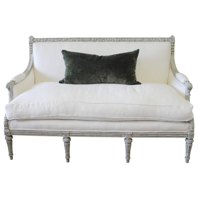 White Linen Louis XVI French Country Sofa Settee