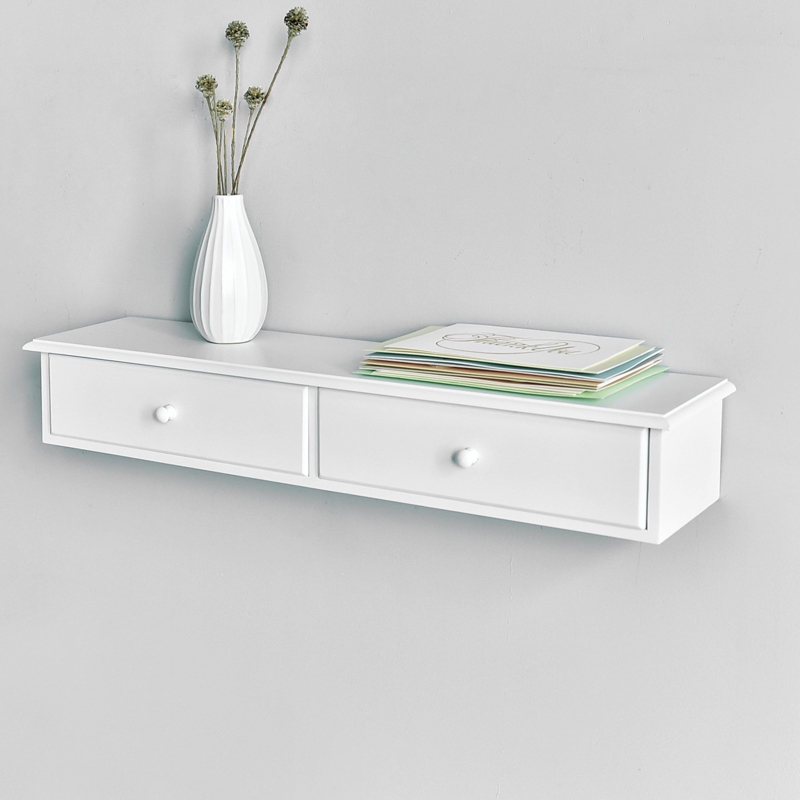 White Wall-Mounted Storage Shelf with Two Drawers