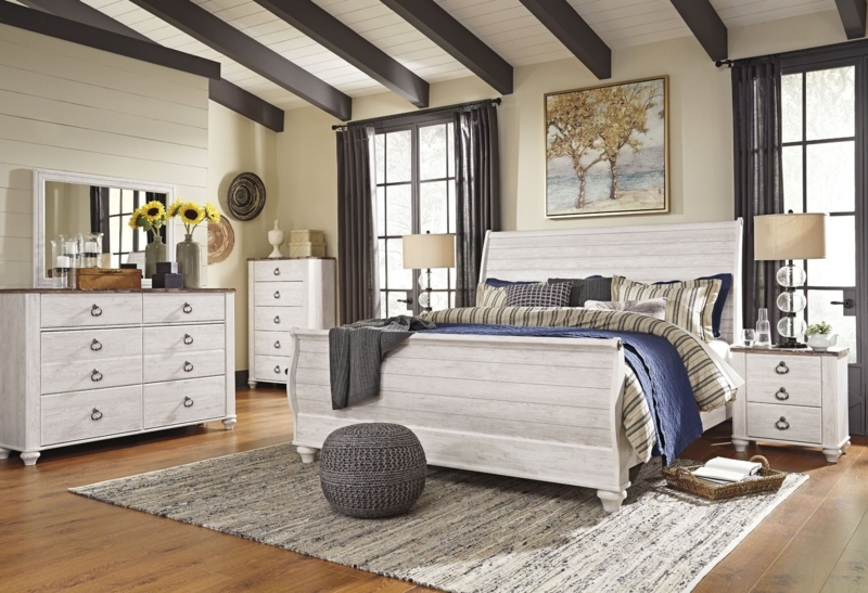 Willowton Whitewash Sleigh Bedroom Set with Rustic Charm