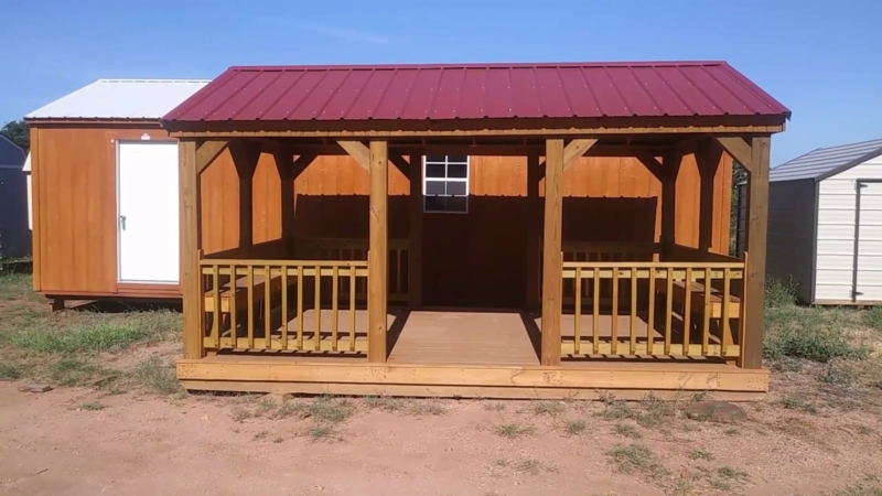 Wooden Portable Deck Patio with Vibrant Red Roof