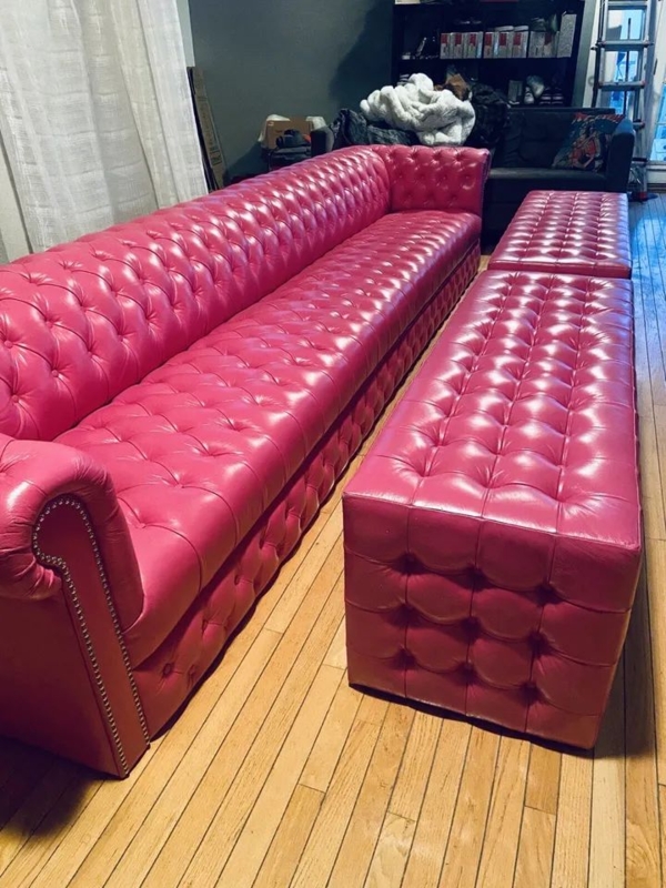 13-Foot Pink Leather Chesterfield Tufted Sofa Set