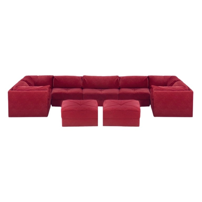 1980s Red Velvet 10-Piece Sectional Sofa